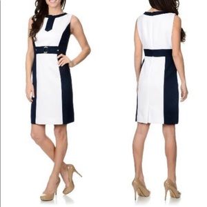 Tahari White and Navy Colorblock Midi Dress